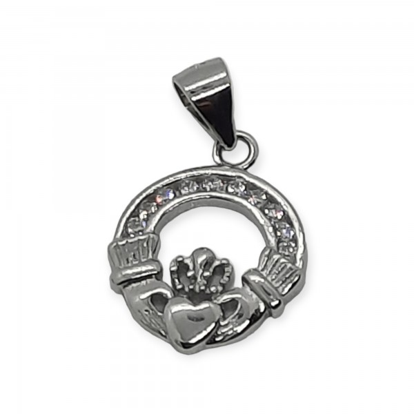 Claddagh Pendant Necklace Charm - Sterling Silver with CZ