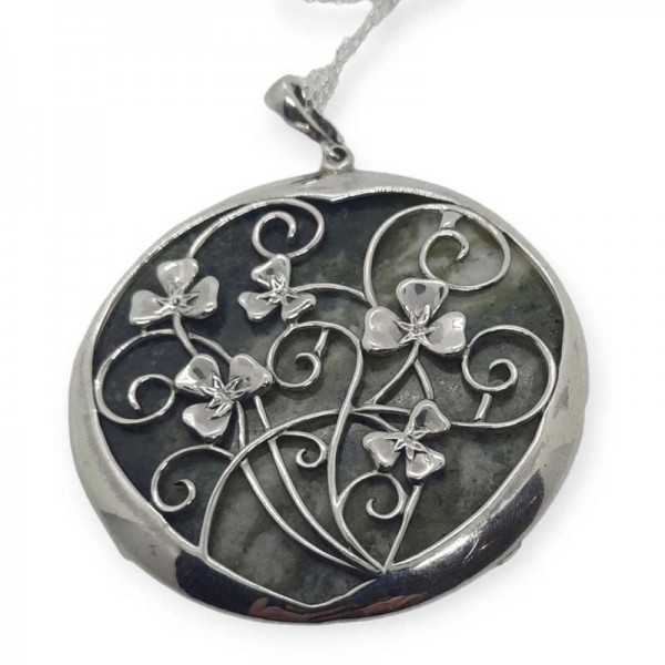 Large Connemara Marble Shamrock Pendant - Sterling Silver