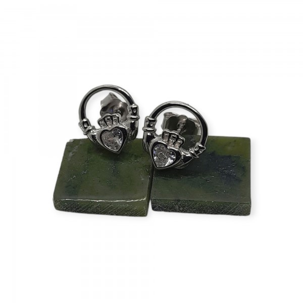 Silver Claddagh Stud Earrings with White CZ Stone 