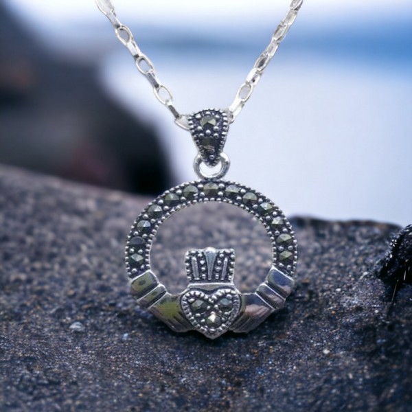 Silver Claddagh Pendant  with Marcasite