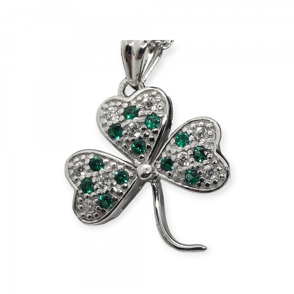 Shamrock Pendant Necklace with Green CZ Stones 
