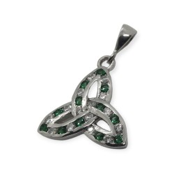 Silver Trinity Knot Pendant with Green And White Stones