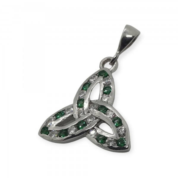 Silver Trinity Knot Pendant with Green And White Stones