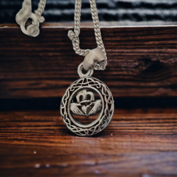 Silver Claddagh Pendant with Black Background - Small