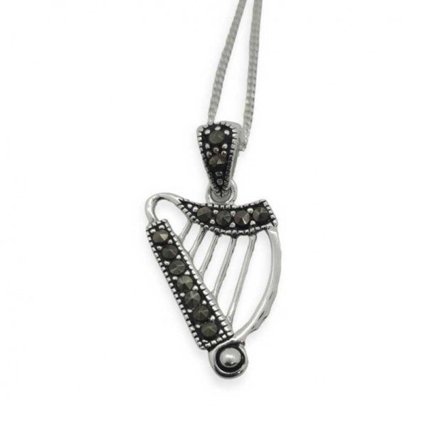 Sterling Silver Irish Harp Pendant with Marcasite Detail