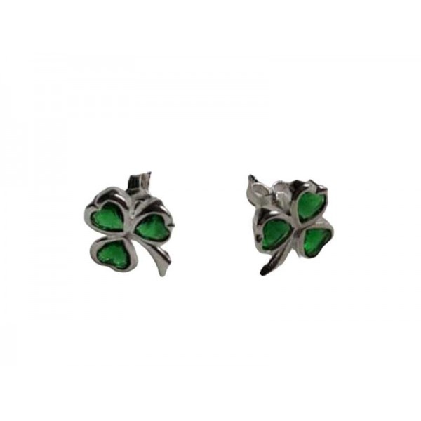 Silver Shamrock Stud Earrings with Green Stone 