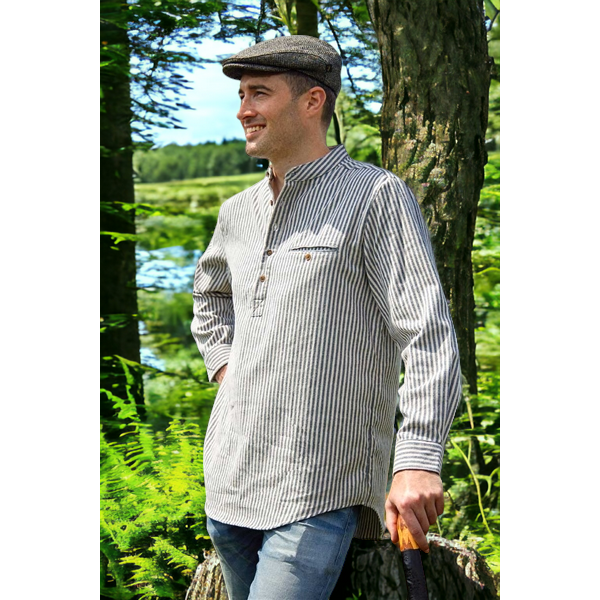 Cotton Grandfather Shirt - Blue with Cream Stripe - Made in Ireland