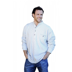 Cotton Grandfather Shirt - Blue with White Stripe - Made in Ireland