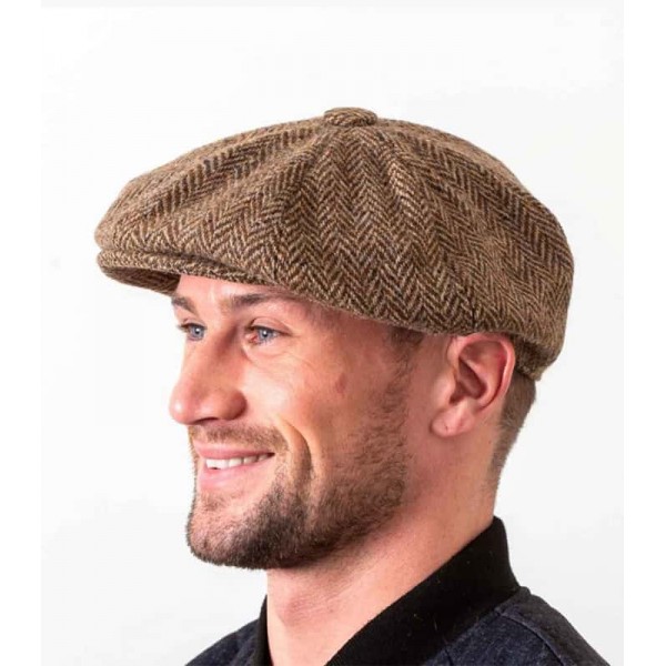 Donegal Tweed Newsboy 8 Panel Cap - Mid Brown Herringbone